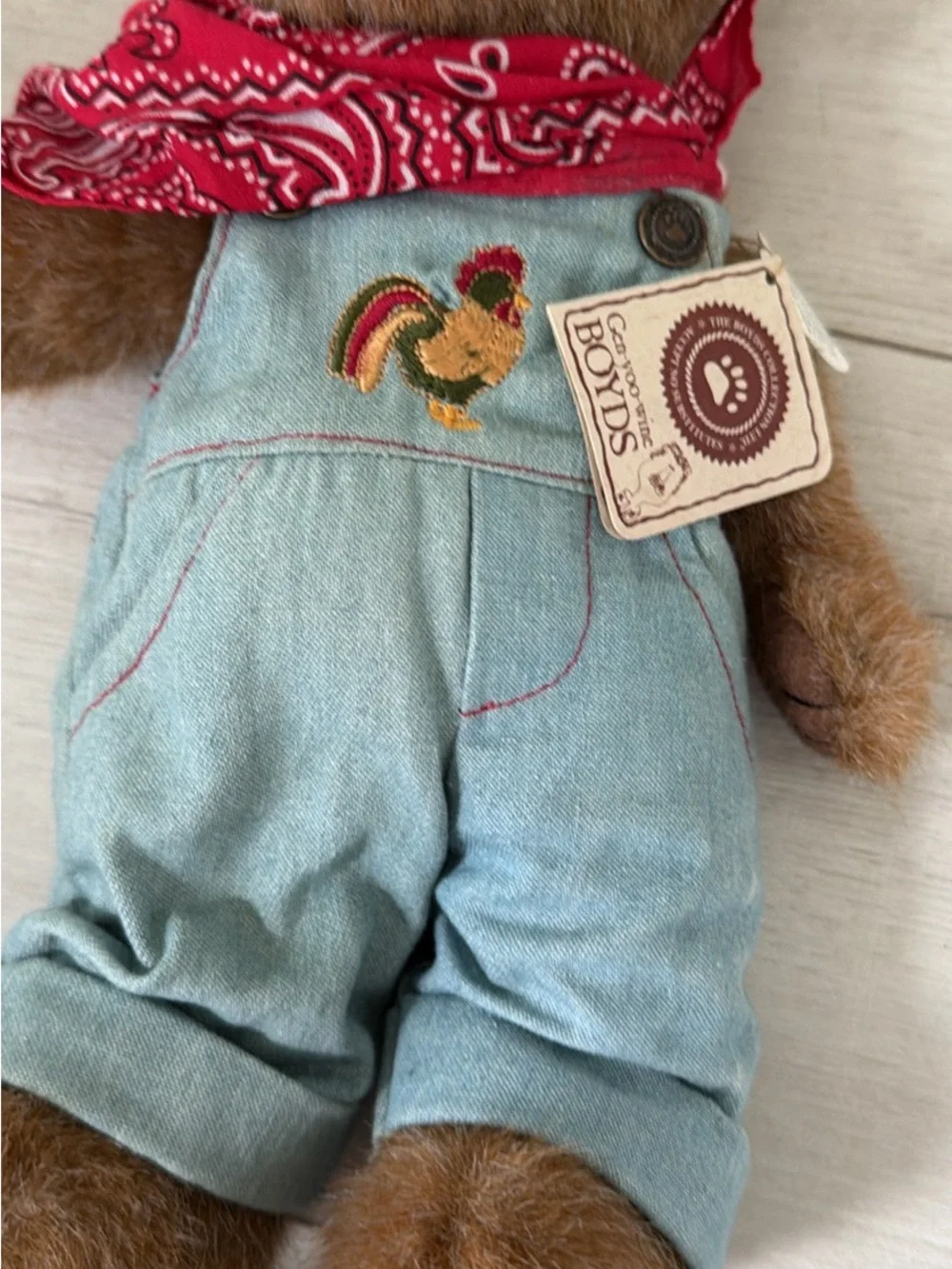 Plush Boyds Teddy Bear with Red Bandana and Light Blue Overalls with Rooster New